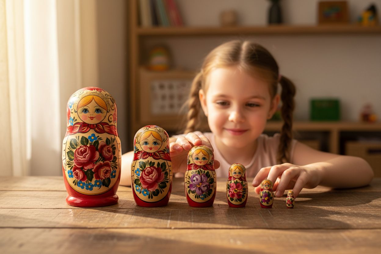 8-year-old girl with 5 Russian nesting dolls