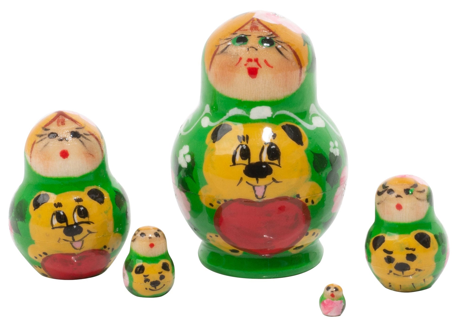 Animal Stacking Dolls Miniature Green Girl with Bear 5pc/1''