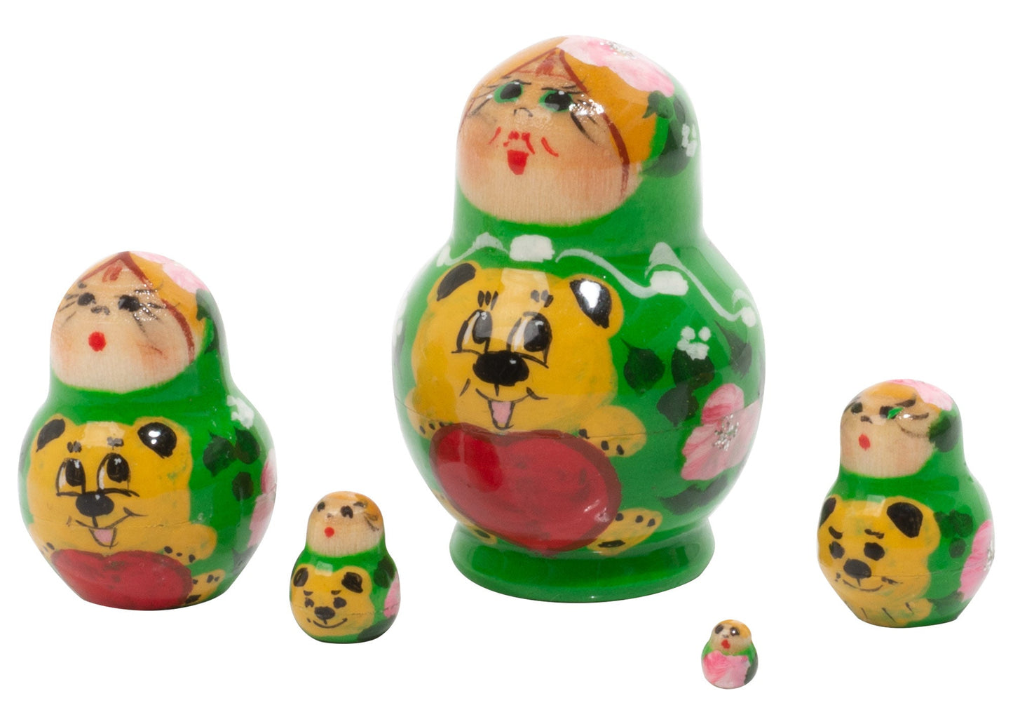 Animal Stacking Dolls Miniature Green Girl with Bear 5pc/1''