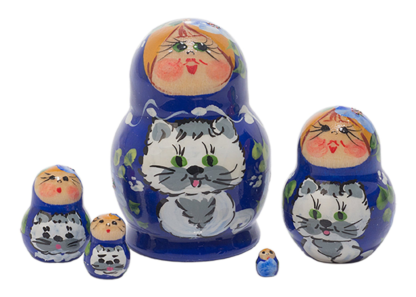 Cat Babushka Dolls Miniature Blue Girl with Cat 5pc/1''