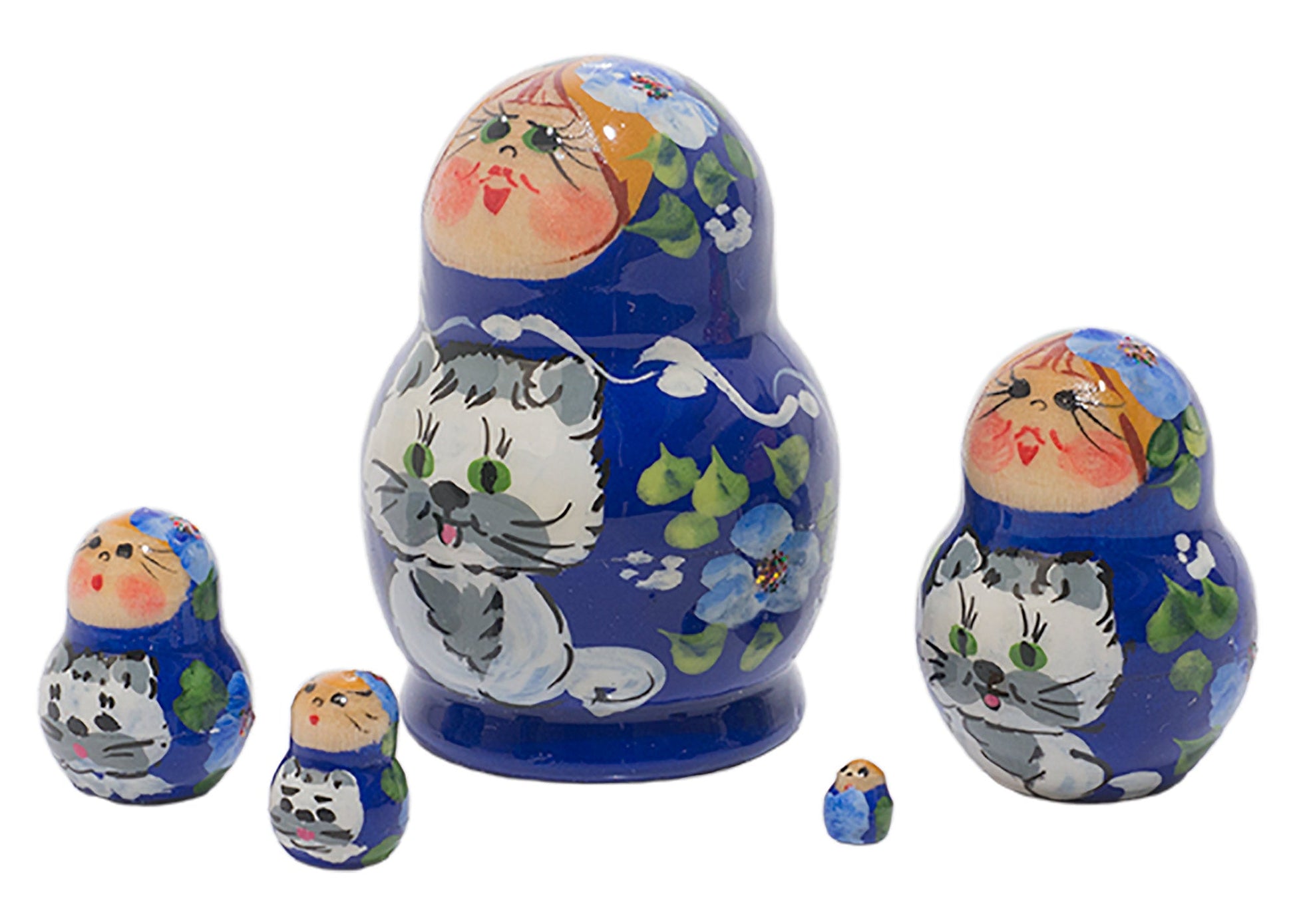 Cat Babushka Dolls Miniature Blue Girl with Cat 5pc/1''