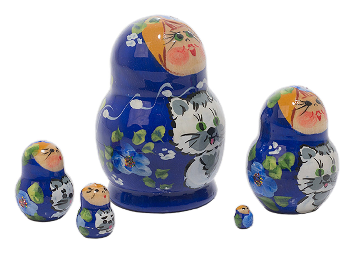 Cat Babushka Dolls Miniature Blue Girl with Cat 5pc/1''