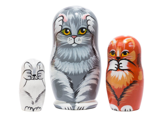 Cat Babushka Dolls See No Evil 3pc/4'' Wooden Russian Dolls