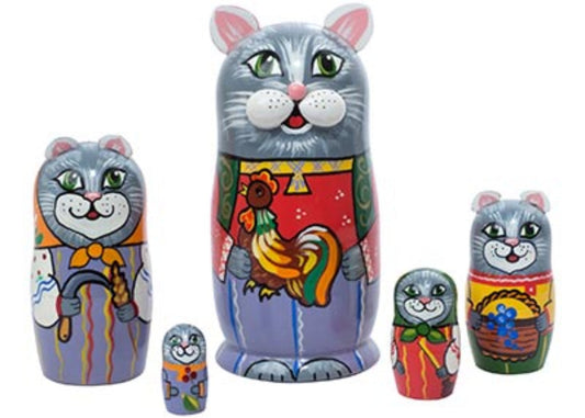 Cat Russian Dolls Peasant Family 5pc/5''