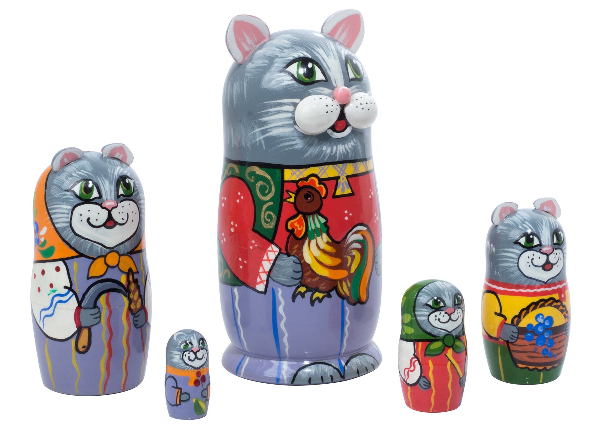 Cat Russian Dolls Peasant Family 5pc/5''