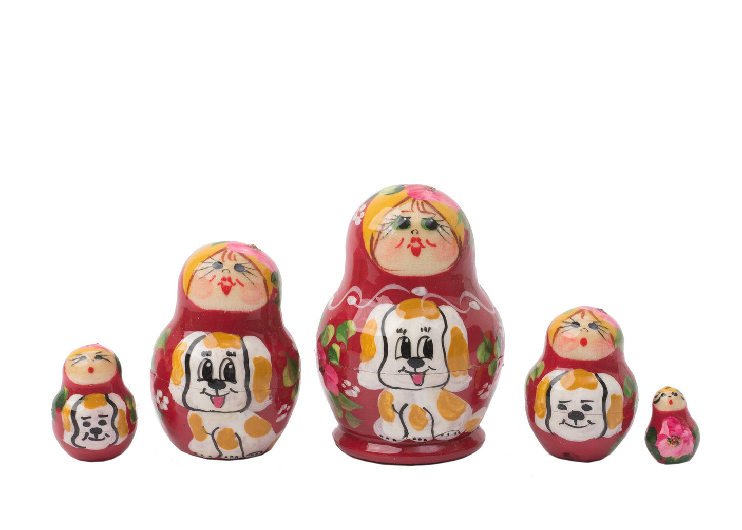 Russian Stackable Dolls Miniature Red Girl with Dog 5pc/1''
