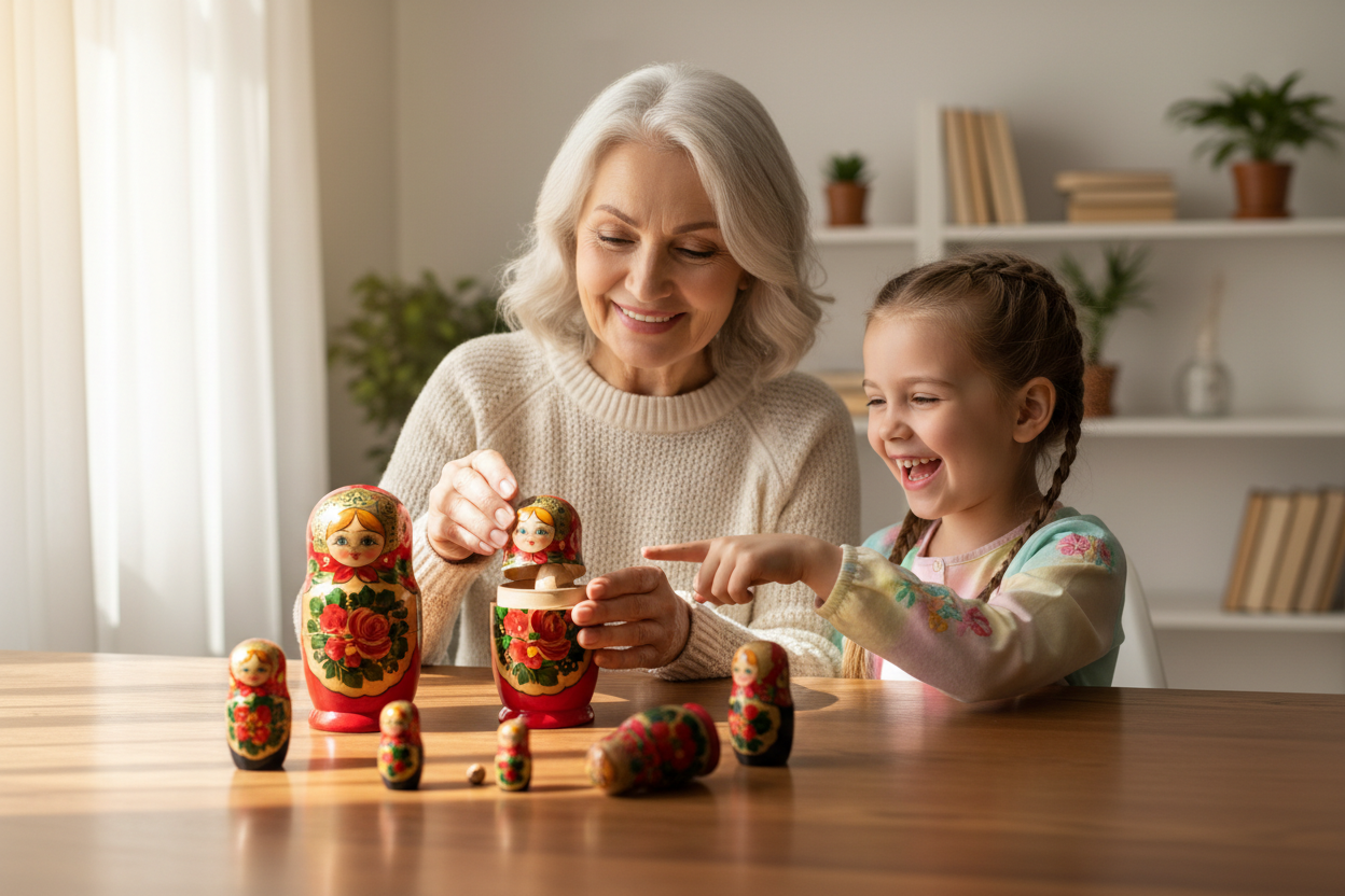 Grandmother and granddaughter playing with Russian nesting dolls at table